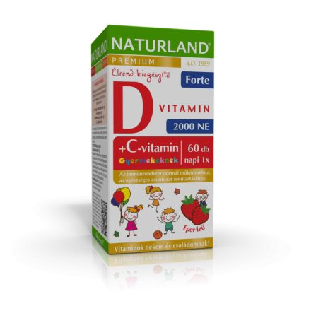 NATURLAND D3-vitamin forte rágótabletta gyermekeknek C-vitaminnal eper ízű 60x