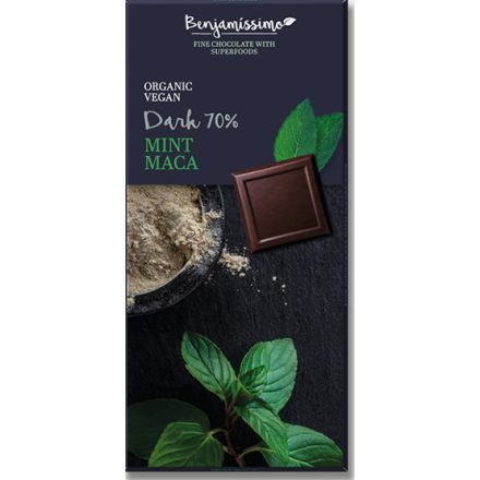 Benjamissimio bio vegán fekete csokoládé mentás maca porral 70 g