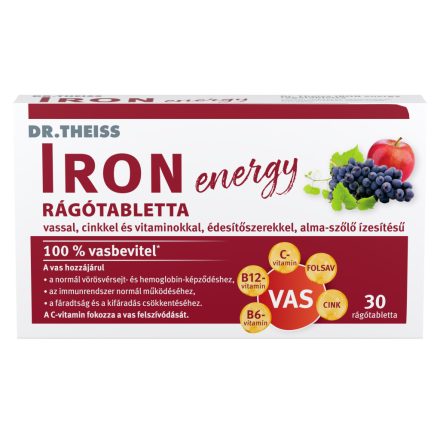 Dr.Theiss iron energy rágótabletta vassal, cinkkel és vitaminokkal alma-szőlő ízben 30 db