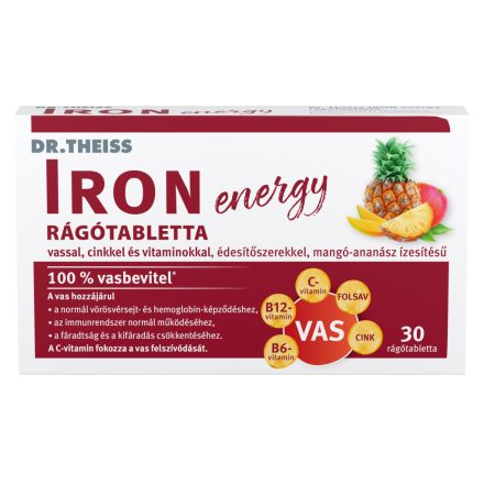 Dr.Theiss iron energy rágótabletta vassal, cinkkel és vitaminokkal mangó-ananász ízben 30 db